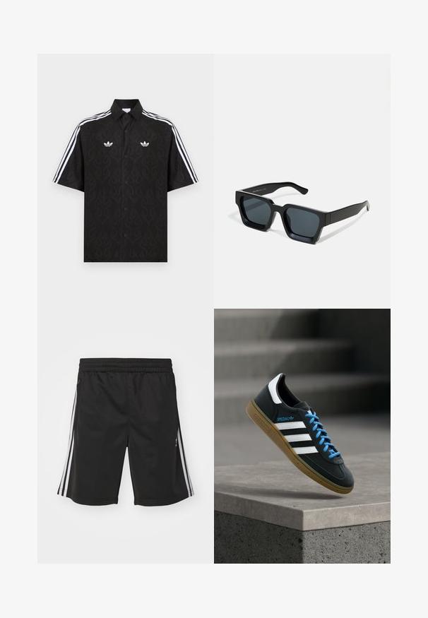 Sort kortærmet skjorte med knapper og et subtilt flammemønster, hvide Adidas trefoil-logoer på brystet og hvide tre striber på ærmerne.; Sorte sportsshorts med elastisk talje, med hvide sidestriber og en glat stofstruktur. Ingen yderligere dekorationer.; Sort Adidas sneaker med hvide striber, blå snørebånd og gummisål, der svæver over gråt betontrin i blødt lys.; Sorte rektangulære solbriller med mørke linser. Tyk, glat plastikramme med let blank finish og lige stænger.