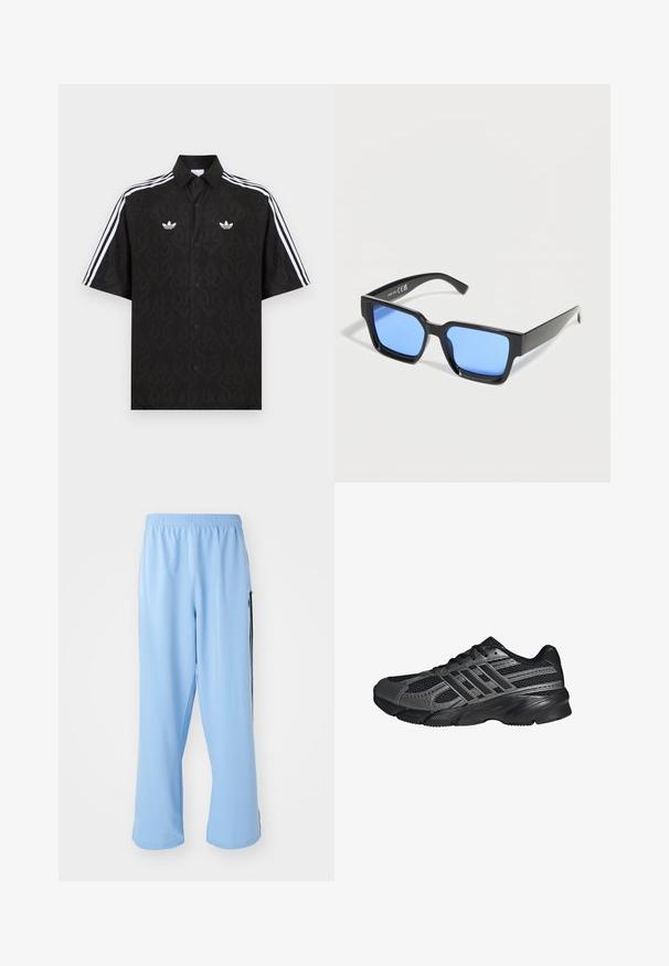 Čierna košeľa s krátkym rukávom so zaujímavým vzorom plameňov, na hrudi biele logá Adidas trefoil a na rukávoch biele trojité pruhy.; Svetlo modré športové nohavice vyrobené z hladkej látky, s elastickým pásom a kontrastnými čiernymi bočnými pruhmi.; Čierne športové topánky vyrobené z pletiva a syntetických materiálov, s textúrovaným povrchom, viacerými šedými pruhmi a polstrovaným golierom.; Čierne obdĺžnikové slnečné okuliare s modro tónovanými sklami, šikmý pohľad na bielom pozadí.