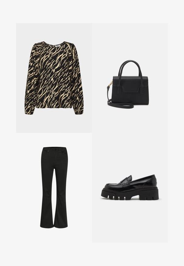 MSCH Copenhagen JANAYA BENINA - Blouse - sand stroke; Jean évasé noir avec une texture lisse, présentant un design classique à cinq poches et une fermeture à bouton métallique. Confectionné pour une taille ajustée.; Mocassins en cuir noir avec une semelle plateforme épaisse et texturée, et une sangle décorative sur le dessus. Fini lisse et brillant.; Sac à main structuré noir en cuir avec une poignée supérieure, une bandoulière détachable et un détail à rabat à l'avant. Accents en matériel doré.