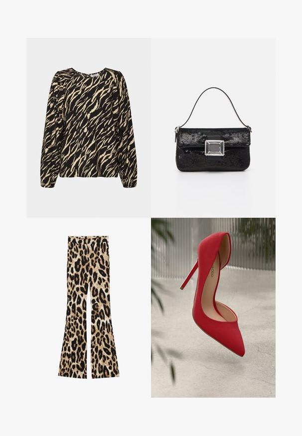 MSCH Copenhagen JANAYA BENINA - Bluse - sand stroke; Flared bukser med leopardprint i sort og brune nuancer, ribbet tekstur og høj talje design.; Rød højhælet sko med spids tå og glat ruskindsoverflade. Har en stiletto-hæl og en guldaccent ved hælens bund.; Sort pailletteret håndtaske med en rektangulær akryllås og et enkelt håndtag. Den har en glat tekstur og en kompakt rektangulær form.
