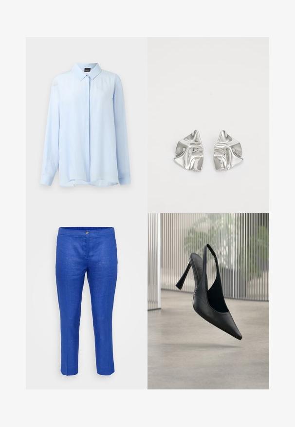 Lyseblå langærmet bluse med skjulte knapper foran og klassisk krave, vist mod en neutral baggrund.; Herre cropped bukser i livlig blå hør med knaplukning, glat tekstur og en lige silhuet med diskrete folder.; Sort læder slingback stilet hælsko med spids tå, svævende over en glat beton gulv og vertikal metal panel baggrund.; Sølvmetal øreringe med et bølgende, skulpturelt design, der har en poleret overflade og uregelmæssige former, hvilket fremhæver en moderne æstetik.