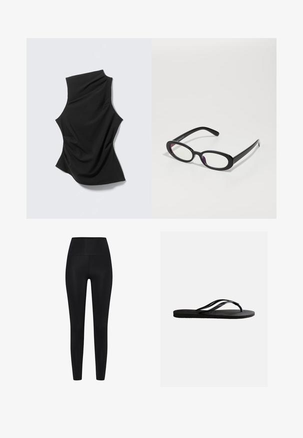 Sort ærmeløs top med asymmetrisk høj hals og draperet stof, lagt fladt på en lys baggrund.; Sorte leggings lavet af strækbart stof. Høj talje design, glat tekstur, tætsiddende silhuet, ingen synlige mønstre eller accenter.; Sort gummiflip-flop sandal med tekstureret fodseng og tynde Y-formede remme på en ensartet hvid baggrund.; Ovale sorte briller med klare linser, der har en glat overflade og brede stænger. Linserne har en subtil lilla nuance. Logo på siden.