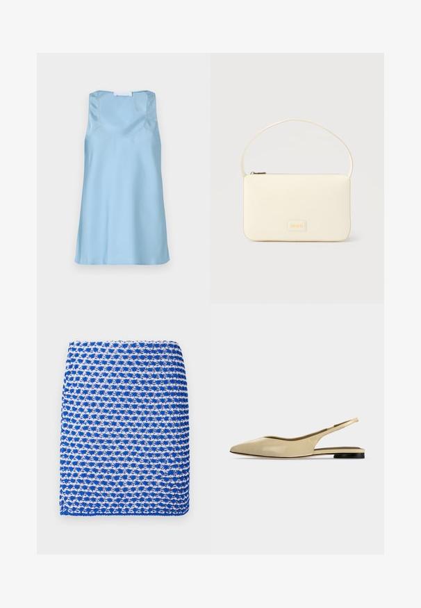 Débardeur en satin bleu clair avec encolure dégagée et larges bretelles, présentant une texture lisse et un ourlet droit.; Écharpe tricotée bleu et blanc à motif, avec un tissage texturé et une forme rectangulaire, composée d'un tissu léger.; Chaussure plate beige à bout pointu avec bride arrière, petit talon noir et finition en cuir lisse, vue de côté sur un fond uni.; Sac à main rectangulaire de couleur crème avec une seule sangle et une fermeture éclair sur le dessus, comportant une petite plaque de logo embossé à l'avant.