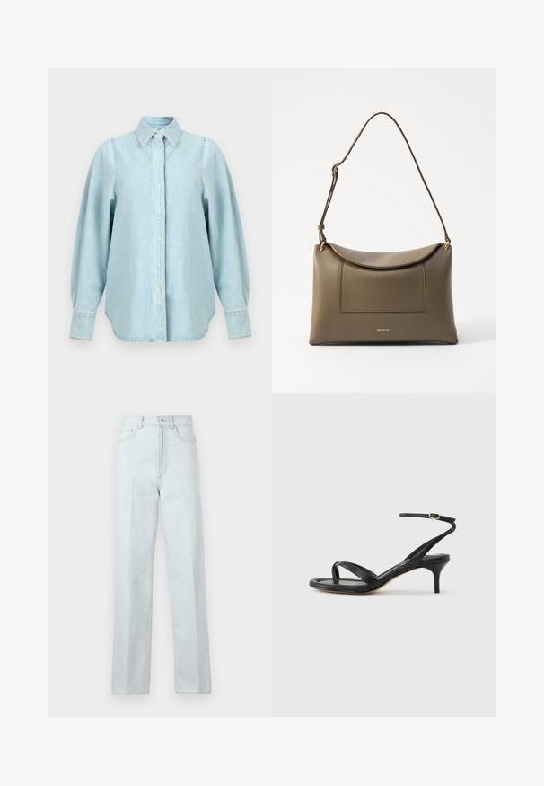 Camisa vaquera azul claro con mangas largas abullonadas, cuello puntiagudo, puños con botones y tapeta de botones frontal oculta.; Jeans de mezclilla de tono azul claro, de pierna ancha y con cintura alta, que cuentan con una cremallera frontal, cierre de botón y diseño clásico de cinco bolsillos.; Sandalia negra de cuero para mujer con tiras finas, un lazo para el dedo del pie, hebilla en el tobillo y tacón de aguja de altura media sobre un fondo neutro.; Bolso de mano de cuero color verde oliva con una superficie texturizada, cierre de solapa y correa ajustable. Presenta un bolsillo frontal y herrajes en tono dorado.