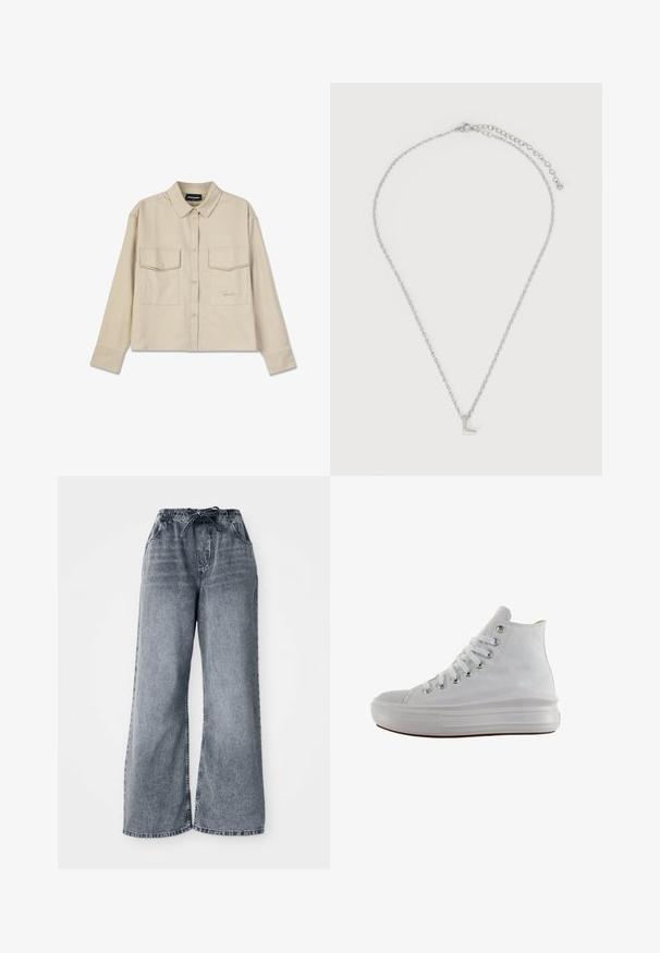 Beige knap-up skjorte med krave, lange ærmer og to brystlommer. Har broderet logo og en glat, blød tekstur.; Grå jeans med brede ben, elastisk talje, snøre lukning og sidelommer. Bleget tekstur over hele stoffet.; Hvid højt canvas sneaksko med hvide snørebånd, metaløjer, tyk gummisål og tekstureret tåhætte, vendt mod venstre på en hvid baggrund.; Sølvkæde med lille vedhæng i stort bogstav "L" og justerbar lås på hvid baggrund.