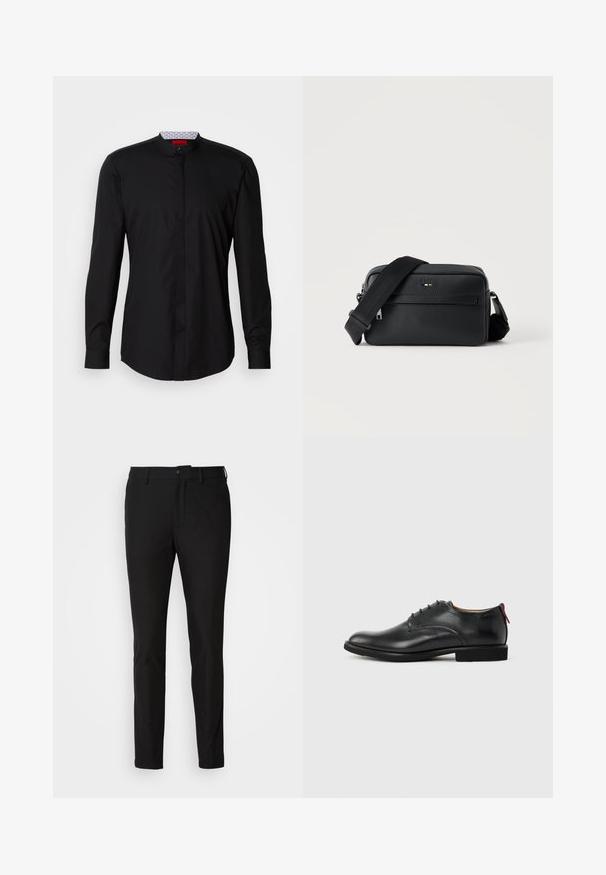 Sort langærmet skjorte med mandarin-krave, lavet af et glat stof, med knaplukning foran og diskrete designdetaljer.; Sorte bukser med slim fit, der har en knaplukning, lynlås og to forlommer. Glat stof med mat overflade.; Sort herresko i læder med snørebånd foran og rød træktab på hælen mod en ensfarvet baggrund.; Sort tekstureret læder crossbody taske med front lynlåslomme og justerbar bred stofskulderrem på hvid baggrund.