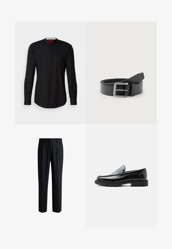 Chemise noire à manches longues avec col mandarin, confectionnée dans un tissu lisse, dotée d'une patte de boutonnage à l'avant et de détails de design subtils.; Pantalons noirs en tissu lisse, avec une coupe droite, des plis à l'avant et une fermeture à bouton avec passants de ceinture.; Mocassin en cuir noir avec semelle en caoutchouc épaisse, dessus cousu et nom de marque embossé sur le talon, présenté de profil sur fond blanc.; Ceinture en cuir noir enroulée avec une boucle métallique rectangulaire argentée gravée "BOSS" sur un fond gris clair.