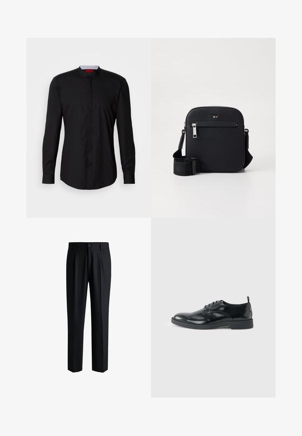 Chemise noire à manches longues avec col mandarin, confectionnée dans un tissu lisse, dotée d'une patte de boutonnage à l'avant et de détails de design subtils.; Pantalons noirs en tissu lisse, avec une coupe droite, des plis à l'avant et une fermeture à bouton avec passants de ceinture.; Chaussure habillée en cuir noir brillant avec un petit talon, fermeture à lacets et bout rond, vue de côté sur un fond uni et clair.; Sac bandoulière en cuir noir avec une texture lisse, doté d'une poche zippée à l'avant, d'une sangle réglable et d'un design carré élégant.