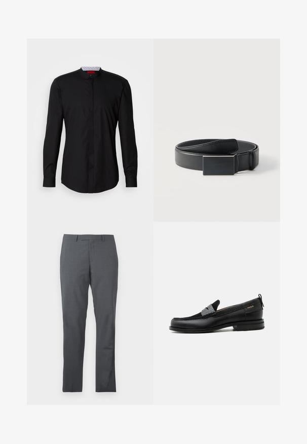 Camisa negra de manga larga con cuello mandarín, confeccionada en una tela suave, con cierre de botones en la parte delantera y detalles de diseño sutiles.; Pantalones de vestir grises con una tela suave y texturizada. Diseño slim fit, con delantero liso y sin adornos ni bolsillos visibles.; Mocasín de cuero negro con detalle de tira gris, tacón bajo y suela texturizada, con la marca "HUGO" en oro en el lateral.; Cinturón de cuero negro enrollado con una hebilla rectangular negra mate y un logotipo en relieve discreto sobre un fondo blanco.