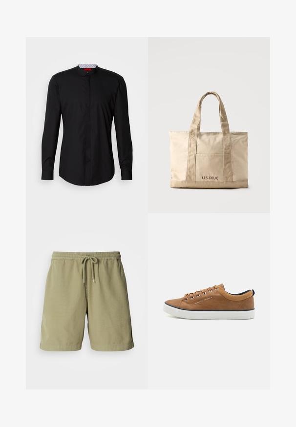 Zwart shirt met lange mouwen en een mandarijnkraag, gemaakt van een gladde stof, met een knoopsluiting aan de voorkant en subtiele designdetails.; Olijfgroene shorts, gemaakt van katoen, met een elastische tailleband en trekkoord, voorzien van zijzakken en een rechte snit. Soepele textuur.; Bruine leren sneakers met een ronde neus, witte zool en marineblauwe accenten. Voorzien van metalen oogjes en een gestructureerde kraag.; Beige canvas tas met twee handvatten en een voorvak, "LES DEUX" geborduurd op het vak.