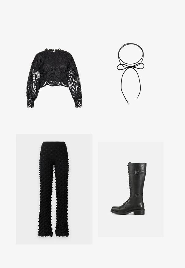 Sort cropped bluse med intrikate blonde design og blomster mønstre, lange pufærmer og en struktureret mesh-krop. Elegant og detaljeret finish.; Sorte, strukturerede bukser med bred benvidde og ribbede detaljer i taljen, der har et tredimensionelt, pigget overflademønster overalt.; Høje sorte læderstøvler med snørebånd foran, sidelænder, glat overflade, rund tå og robust lav hæl.; Sort snor choker med en bue-design. Lavet af glat materiale, har to ender med sølvfarvede spidser. Enkel og minimalistisk design.