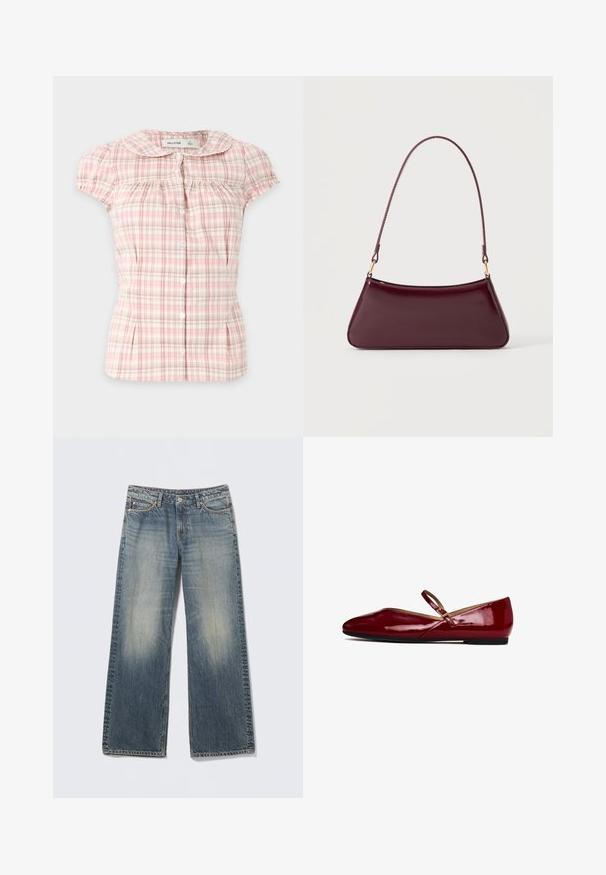 Kortemouwen roze-wit geruite blouse met knopen, een ronde kraag en geplooide details op de borst en mouwen.; Lichtblauwe, wijd uitlopende spijkerbroek van denim. Verbleekte delen op de dijen en knieën. Standaard tailleband met vijf zakken en metalen accenten.; Rode gepatenteerde leren balletschoenen met een ronde neus, een dunne band over de wreef en een vlakke zwarte zool. Gladde textuur en strakke afwerking.; Donker bordeaux glanzende handtas met een enkele dunne handgreep en een slanke trapeziumvorm op een effen lichte achtergrond.