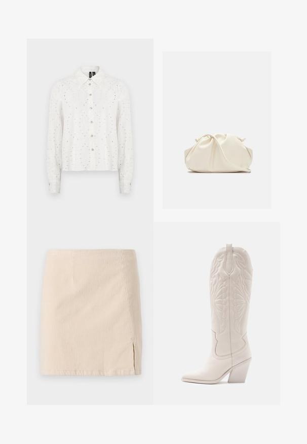 Hvid skjorte med knapper og tekstureret stof, med broderede detaljer og små udskårne mønstre, klassisk krave og lange ærmer.; Beige corduroy miniskirt med lodret ribbet tekstur, med en sideslids for ekstra detaljer. Kantene er lige og ensartet syet.; Hvide læder cowboystøvler med spidse tæer og blokhæle. Har intrikate syninger på skaftet og en glat tekstur.; Blød, cremefarvet læder clutch taske med samlet, rynket design og en tynd skulderrem, der hviler foran på en ensfarvet baggrund.