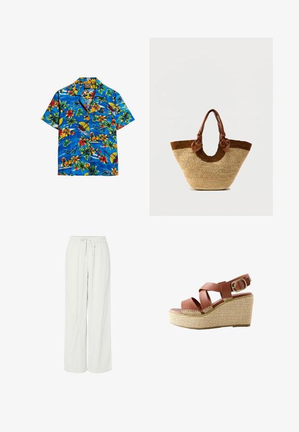 Camisa hawaiana azul de manga corta con estampado vibrante de flores y motivos tropicales, que incluye un sol amarillo, barcos y loros. Elaborada con tela ligera.; Pantalones de pierna ancha en gris claro, confeccionados en una suave tela texturizada. Cuentan con una cinturilla elástica con cordón ajustable para un ajuste personalizable.; Sandalia cuña de cuero marrón con tiras entrecruzadas, hebilla dorada y suela de plataforma beige tejida.; Bolso tote de paja tejido con base de color natural, acento marrón oscuro y asas de cuero marrón con detalles de nudos en los extremos.