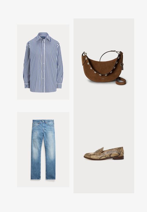 Blau-weiß gestreiftes Langarmhemd mit Knopfleiste, einer Tasche, weichem Stoff und lockerem Schnitt, Bündchen mit Streifen.; Hellblaue Straight-Leg-Denim-Jeans mit leichtem Verblassen, Fünf-Taschen-Design und sichtbarem Polo-Markenlabel am Bund.; Brauner und beiger Loafer aus Leder mit Schlangenledermuster, niedrigem Holzabsatz und abgerundeter Spitze, von der Seite auf hellem Hintergrund dargestellt.; Braune Wildlederhandtasche mit geschwungener Form, ausgestattet mit einem perlenverzierten Riemen und verstellbarem Ledergriff. Metallbeschläge werden für Verschlüsse verwendet.