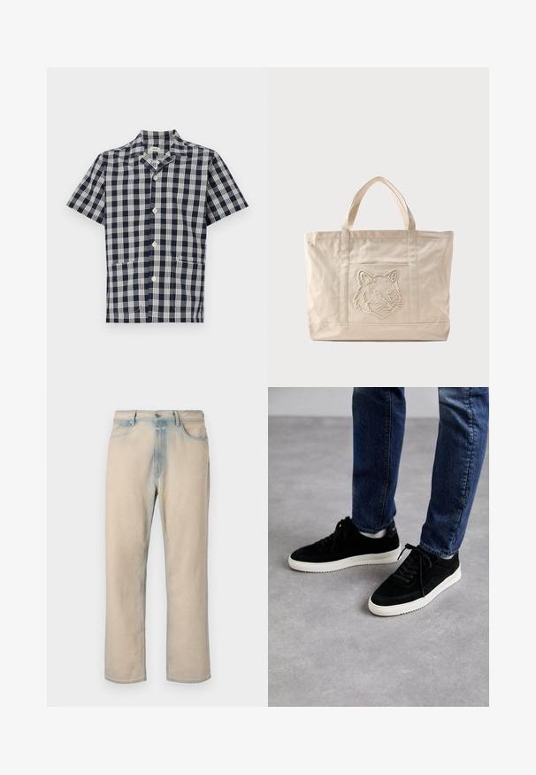 Kortærmet skjorte i marineblå og hvid ternet mønster, lavet af blødt stof, med knaplukning foran og to frontlommer.; Lyse beige denim jeans med lige ben design, falmede blå detaljer, fem lommer og en knaplukning i taljen.; Sorte ruskind sneakers med en hvid gummisål, der har et klassisk low-top design, rundt tå og flade sorte snørebånd.; Beige lærredsnettaske med dobbelte håndtag og et præget ulvehoveddesign på forlommen.