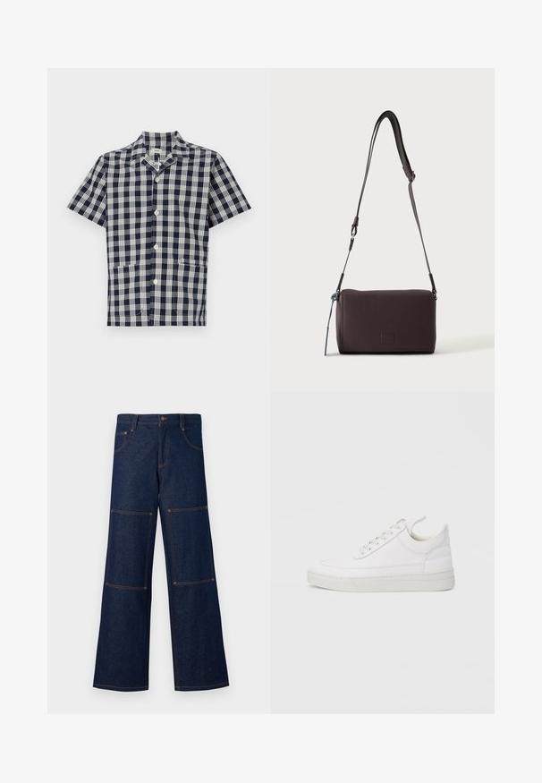 Kurze Hemdärmel in marineblauem und weißem kariertem Muster, aus weichem Material gefertigt, mit Knopfleiste und zwei vorderen Taschen.; Dunkelblaue Denim-Hosen mit weit geschnittenem Bein und kontrastierender orangefarbener Naht, die große aufgesetzte Taschen an jedem Bein und einen Knopfverschluss an der Taille aufweisen.; Weißer Ledersneaker mit abgerundetem Zehenbereich, flacher Sohle und Schnürverschluss. Verfügt über Nahtdetails und einen gepolsterten Kragen für zusätzlichen Komfort.; Dunkelbraune, strukturierte Leder-Crossbody-Tasche mit verstellbarem Riemen und kleinem dekorativen blauen Akzent an der Seite.
