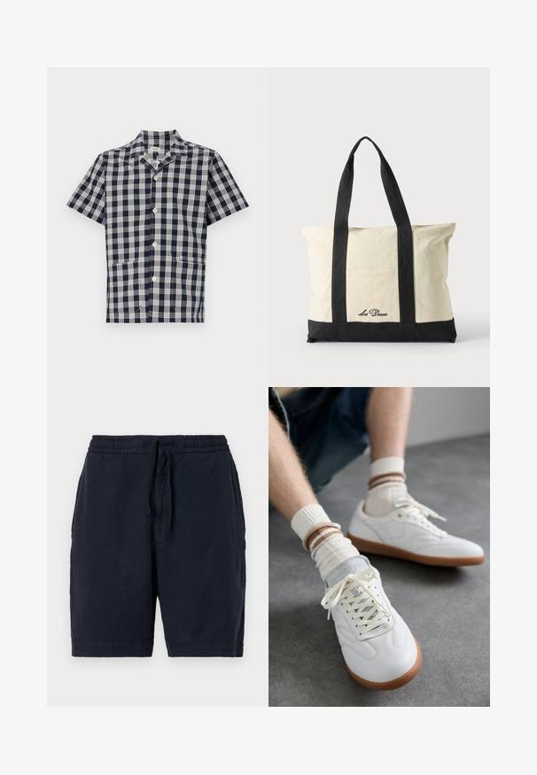 Camisa de manga corta en patrón a cuadros azul marino y blanco, fabricada con tejido suave, con cierre de botones al frente y dos bolsillos delanteros.; Pantalones cortos de lino azul marino con cintura elástica y cordón, que presentan un ajuste relajado y una superficie ligeramente texturizada.; Zapatillas de cuero blanco con una textura suave, detalles en gamuza gris, suelas de goma beige y cordones planos. Combinadas con calcetines a rayas en tonos crema y marrón.; Bolsa de lona con asas largas negras, ribete negro en la parte inferior y bolsillo delantero con logo "Les Deux" en letra negra.
