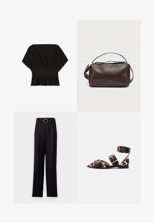 Top negro con pliegues, escote ancho y acampanado, mangas cortas y un dobladillo cropped. Textura suave con patrón de estrías verticales.; Pantalones negros de cintura alta con un diseño de pierna ancha, que presentan una hebilla de oro retorcida en el cinturón. Tela suave con un brillo sutil.; Sandalia plana de punta afilada con estampado de vaca en marrón y blanco, tiras de cuero negro y tres grandes hebillas doradas, incluida una alrededor del tobillo.; Bolso de hombro de cuero marrón con un diseño estructurado, que presenta un logo dorado, cierre superior con cremallera y una correa desmontable. Textura suave.