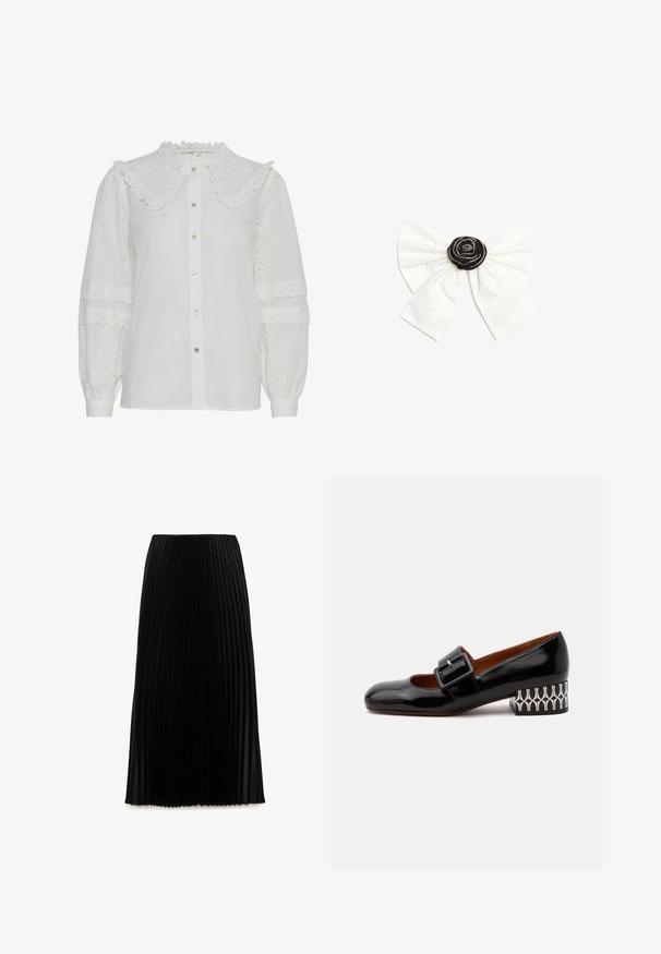 Blouse blanche avec un col volanté, fermeture à boutons et détails en broderie sur les manches bouffantes. Présente un éclat subtil et une texture douce.; Jupe plissée noire avec une taille ajustée et un design longueur sol. Fabriquée en tissu léger avec une texture lisse.; Chaussure basse en cuir verni noir avec une large bride à boucle et un talon bloc à motif géométrique noir et blanc.; Nœud en tissu blanc avec un centre rosette noir décoré de petites perles argentées sur un fond blanc uni.