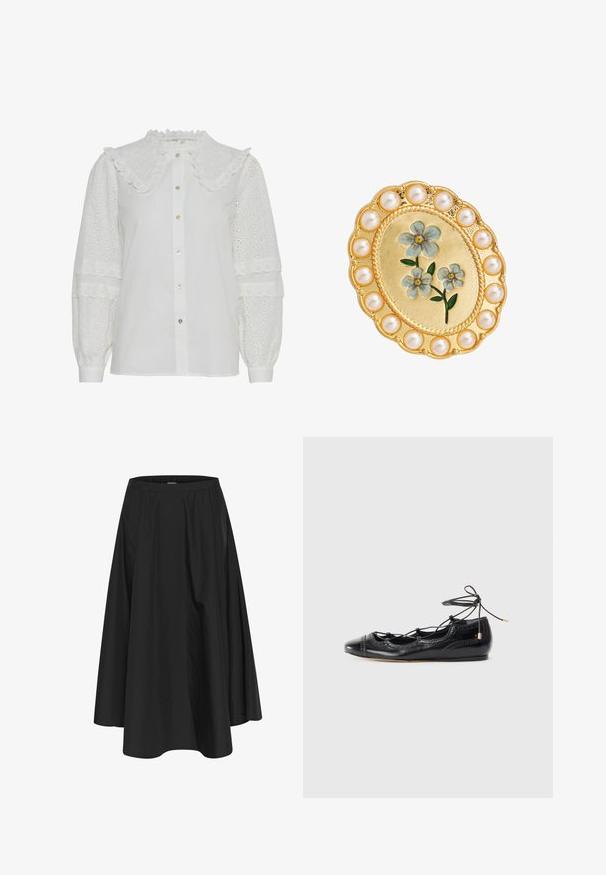Witte blouse met een gerimpelde kraag, knopen aan de voorkant en geborduurd opengewerkt detail op de pofmouwen. Heeft een subtiele glans en een zachte textuur.; Zwarte knielange rok met een elastische tailleband, voorzien van plooien voor volume en een soepele textuur. Eenvoudig, klassiek ontwerp zonder versieringen.; Zwarte patenten ballerina's met uitsparingen en een vetersluiting. Heeft een ronde neus en decoratieve geperforeerde accenten.; Gouden ovale broche met blauwe emaillen bloemen in het midden, omringd door een rand van ronde witte parels.
