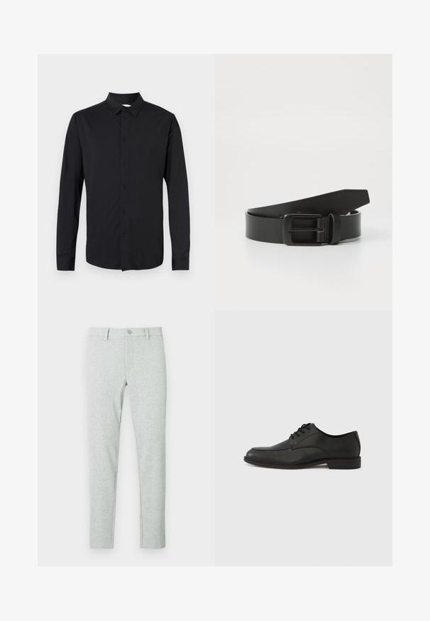 Chemise noire à manches longues avec col, boutons sur le devant, et tissu lisse à finition mate. Aucun motif ni accent visible.; Chinos gris clair avec une texture lisse, coupe ajustée, fermeture à boutons, et motif vertical côtelé subtil. Poches avant et passants pour ceinture inclus.; Chaussure noire en cuir à lacets avec une finition lisse, un bout arrondi et un petit talon en caoutchouc. Présente des détails de couture subtils sur la tige.; Ceinture en cuir noir avec une boucle en métal noir mat, présentant une texture lisse et un design simple. Longueur réglable avec une extrémité effilée.