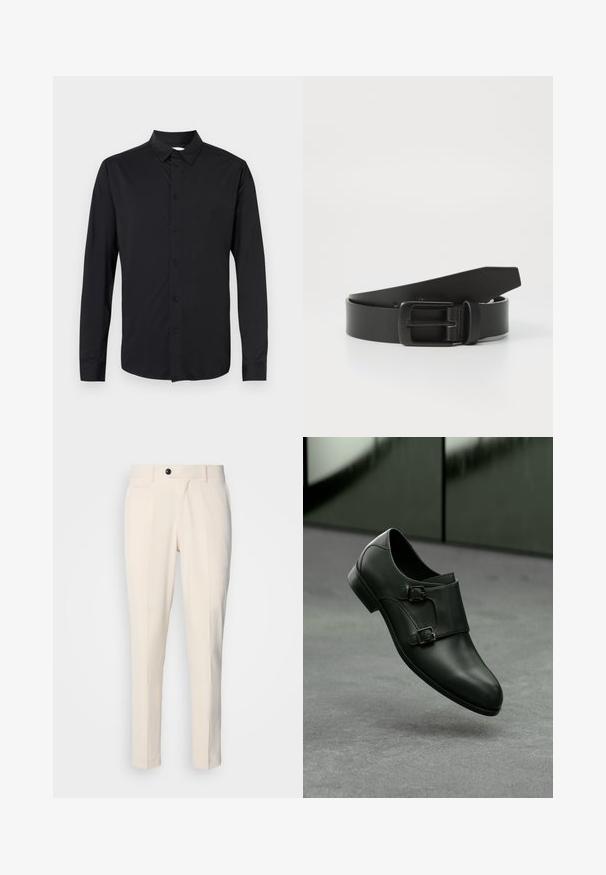 Camisa negra de manga larga con botones, que cuenta con cuello, botones frontales y una tela lisa de acabado mate. Sin patrones ni detalles visibles.; Pantalones tailored beige con frente plano, cierre de un botón y dos bolsillos laterales en ángulo. Tejido suave con corte slim y pierna entallada.; Zapato de cuero negro con un diseño elegante, que presenta dos hebillas plateadas y una punta redondeada, sobre un fondo gris.; Cinturón de cuero negro con hebilla metálica negra mate, que presenta una textura suave y un diseño sencillo. Longitud ajustable con un extremo cónico.