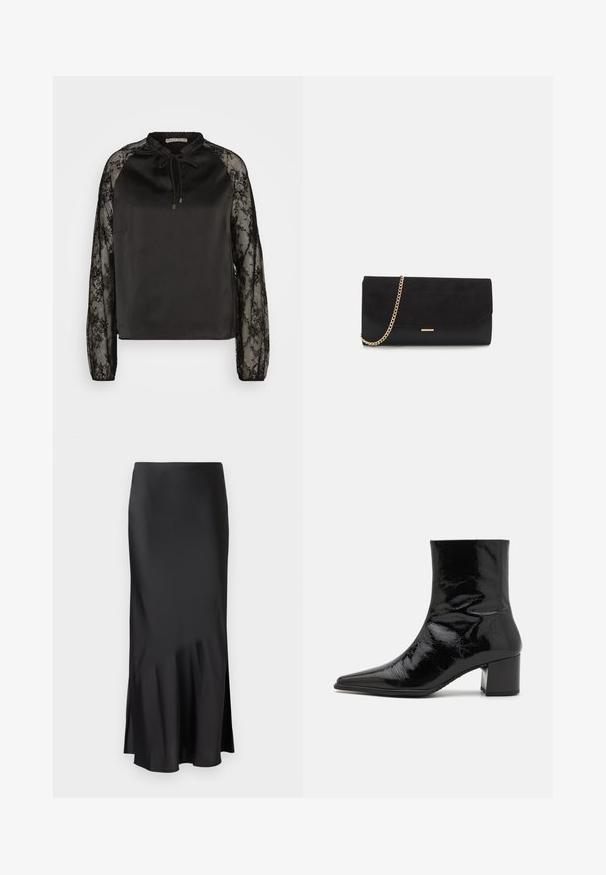 Anna Field by Zalando Bluse - black; Sort satin midi-skirt med et elegant design, der har en let flared kant og en sideslids for nem bevægelse. Glat tekstur.; Sort patenteret læder ankelstøvle med spids tå, struktureret overdel og en kraftig hæl. Har en glat, skinnende overflade.; Sort clutch taske lavet af ruskind med en struktureret overflade, udstyret med en guld kædestrop og et elegant, kantet design.