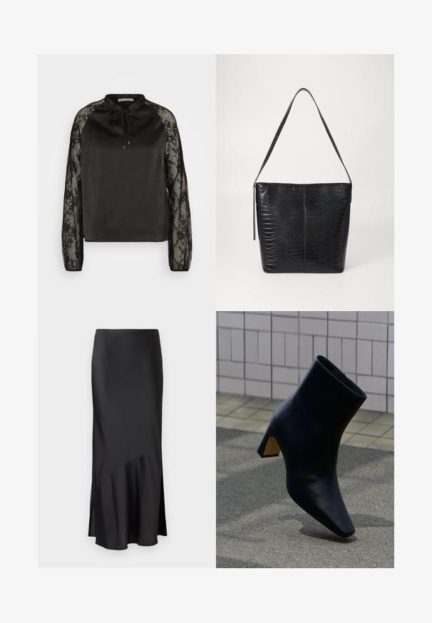 Anna Field Bluse - black; Sort satin midi-skirt med et elegant design, der har en let flared kant og en sideslids for nem bevægelse. Glat tekstur.; Sort læder ankelstøvle med blokhæl stående på grå belægning foran en lys flisevæg.; Sort håndtaske i krokodillepræget læder med flad krop, justerbar rem og lynlåslukning. Glat tekstur med struktureret form.