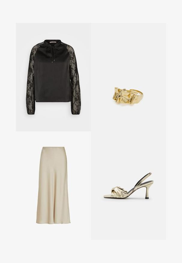 Anna Field by Zalando Blouse - black; Beige satijnen maxi-rok met een zachte textuur, A-lijn silhouet en een taille die soepel naar de zoom vloeit, waardoor een subtiele drapering ontstaat.; Gouden satijnen slingback hak met een geknoopt ontwerp aan de voorkant. Beschikt over een taps toelopende stiletto hak en een gladde textuur.; Gouden ring met een textuur van golvende ontwerpen met drie opvallende pieken. Gladde, glanzende oppervlakte met eenopen band voor een verstelbare pasvorm.