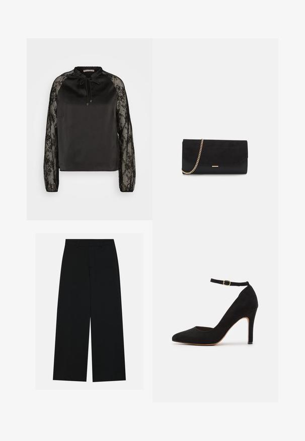Anna Field by Zalando Blouse - black; Pantalons noirs à jambe large en tissu lisse. Dotés d'une taille plate avec passants de ceinture et sans poches visibles. Design simple.; Chaussure à talon haut en daim noir avec un bout pointu et une bride de cheville. Présente une boucle en or et un talon mince et effilé.; Porte-monnaie noir en daim avec une finition texturée, doté d'une chaîne dorée et d'un design épuré et angulaire.