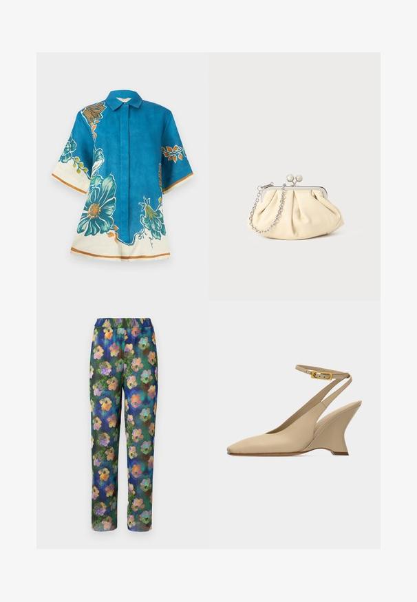 Blå kortærmet bluse med store grønblå og orange blomsterprint og cremefarvede kanter på ærmer og kant, knaplukning foran og spids krave.; Blomsterprintbukser med ribbet tekstur, elastisk talje og en grøn-blå baggrund med farverige blomstermønstre overalt.; Beige spids tå slingback-sko med skrå kilehæl og ankelrem med guldbøjle på hvid baggrund.; Plisseret beige læderclutch med en sølvmetalramme, der har to runde dekorative låse og en sølvkædetrasporte.