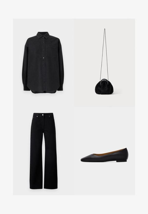 Chemise en denim noir à boutons avec un col classique, une fermeture à boutons, des manches longues, une poche poitrine unique et un ourlet incurvé.; Jean en denim noir à jambes larges avec un accent texturé sur le côté et une fermeture à bouton, doté d'un design classique à cinq poches et d'une finition lisse.; Chaussure plate en cuir noir à bout pointu avec talon bas et finition lisse, vue de côté sur un fond gris clair.; Petit sac à main noir en fausse fourrure avec poignées tressées sur le dessus et longue bandoulière fine sur fond uni.