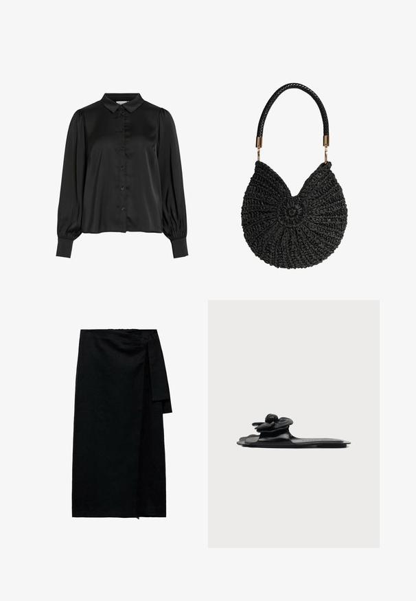 Sort satin bluse med lange ærmer, frontknapper, spidse krave, sammenrullede skuldre og manchetter.; Sort omslagsnederdel lavet af tekstureret stof med knyttet talje, lige silhuet og en let frynset kant. Ingen synlige mønstre eller accenter.; Sort flad slidesandal med en hævet blomstdekoration på remmen over tæerne.; Sort vævet rund håndtaske med flettet mønster og enkelt flettet håndtag fastgjort med gyldne metalkringle.