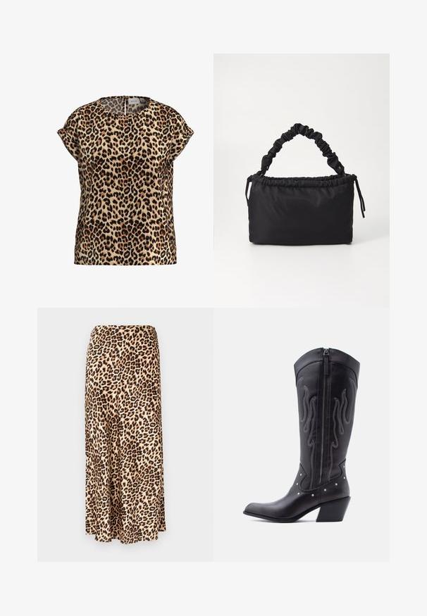Leopardprint top, korte mouwen, ronde hals, gemaakt van een zijdezachte stof; heeft een tan achtergrond met zwarte en bruine vlekken.; Lange rok met luipaardenprint, gemaakt van gladde stof. Tan basis met zwarte en bruine vlekken. Uitlopende ontwerp met een rechte zoom.; Zwarte leren cowboylaarzen met een puntige neus, zichtbare stiksels, zilveren studaccenten en een ritssluiting aan de binnenkant.; Zwarte tas gemaakt van zacht, gladde stof. Beschikt over een geplooide handgreep en een trekkoordsluiting, met een rechthoekige vorm en geen zichtbare hardware.
