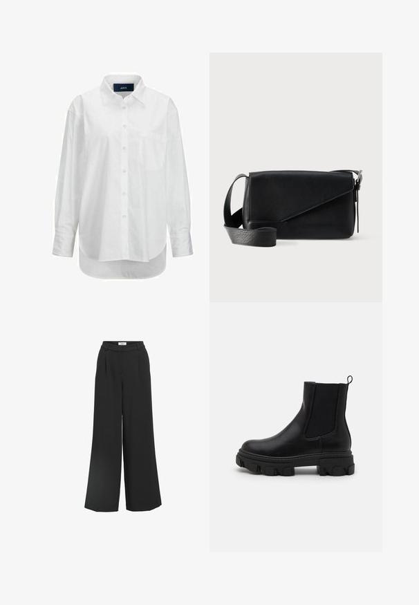 Witte lange mouwen shirt van glad katoen met een button-down kraag, voorzak en ronde zoom. Heeft een achterpand voor extra structuur.; Zwarte wijde broekspijpen met een gladde textuur, op maat gemaakt tailleband en voorplooien. Geen zichtbare zakken of sluitingen. Eenvoudig, gestroomlijnd ontwerp.; Zwarte leren enkellaarsjes met elastische zijpanelen, robuuste rubberen zool en trekhaak. Heeft een gladde textuur en een duidelijk profielpatroon.; Zwarte leren crossbodytas met een brede verstelbare riem en een diagonale klep met een kleine metalen gespsluiting.