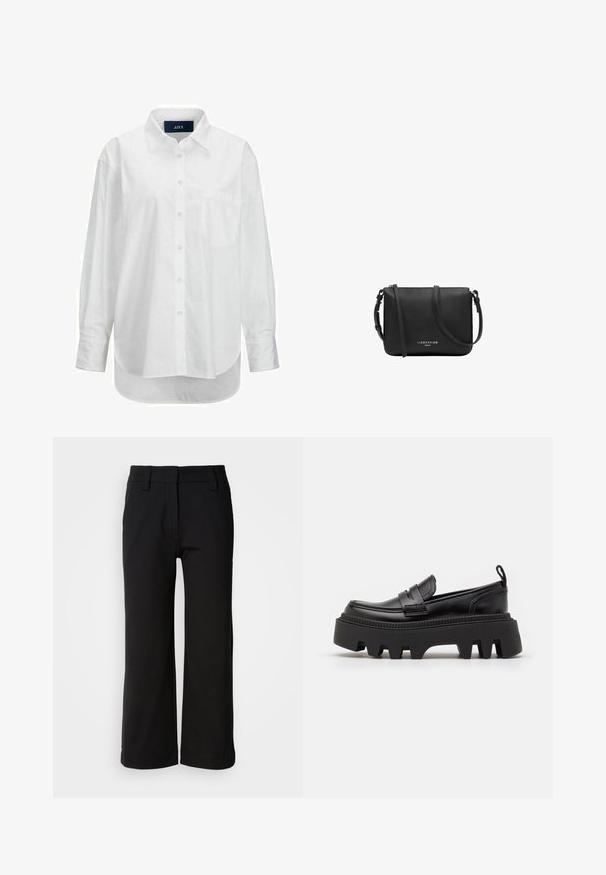 Witte lange mouwen shirt van glad katoen met een button-down kraag, voorzak en ronde zoom. Heeft een achterpand voor extra structuur.; Zwarte wijde broek gemaakt van soepel stof. Kenmerkt zich door een vlakke voorkant, ceintuurlussen en een nette zoom zonder zakken of zichtbare sluitingen.; Zwarte leren instappers met een stevige zwarte rubberen zool, voorzien van antislipgroeven en een decoratieve band aan de voorkant.; Zwarte leren crossbodytas met verstelbare riem en zilveren rits, "Liebeskind Berlin"-logo in het midden aan de voorkant.