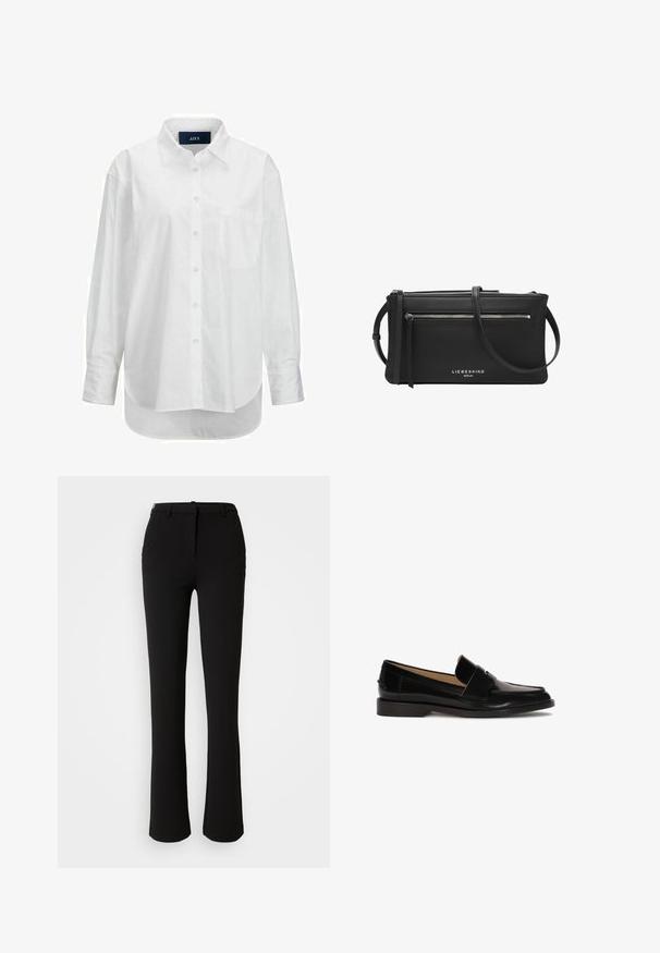 Camisa blanca de manga larga en algodón suave con cuello abotonado, bolsillo frontal y dobladillo curvado. Cuenta con un canesú en la parte posterior para mayor estructura.; Pantalones negros confeccionados en una tela suave, con un diseño de pierna recta, bolsillos frontales y una cintura estándar con un pasador para cinturón.; Mocasines de cuero negro con un acabado suave, punta redondeada y una correa decorativa en la parte frontal. Diseño de tacón bajo.; Bolso bandolera de cuero negro con bolsillo con cremallera plateada, correa larga ajustable y logotipo de "Liebeskind Berlin" en el frente.