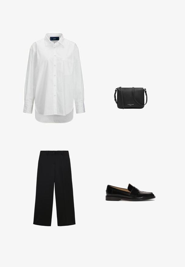 Witte lange mouwen shirt van glad katoen met een button-down kraag, voorzak en ronde zoom. Heeft een achterpand voor extra structuur.; Zwarte wide-leg broek van lichtgewicht stof, met een knoopsluiting, voorkeurszakken en een nette, op maat gemaakte afwerking.; Zwarte leren instappers met een gladde afwerking, ronde neus en een decoratief bandje over de voorkant. Ontwerp met lage blokhak.; Zwarte leren crossbodytas met verstelbare riem en zilveren rits, "Liebeskind Berlin"-logo in het midden aan de voorkant.