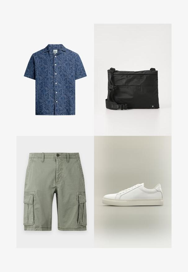 Kortærmet skjorte med knaplukning i struktureret mørkeblå stof med et subtilt mønster og en klassisk krave. Har hvide knapper foran.; Grønne cargo shorts lavet af bomuldsblanding, der har to sidelommer, knaplukning og lige snit.; Hvid lavtop sneaker med snørebånd foran og tyk sål, vist fra siden mod en neutral baggrund.; Sort nylon messenger-taske med justerbar rem, fladt design og et sideetiket med et logo. Glat tekstur og minimalistisk stil.