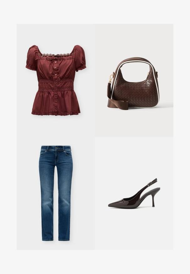 Bordeauxfarbene kurzärmelige Bluse mit Spitzenbesatz, Frontknöpfen, quadratischem Ausschnitt und gerafften Details an Taille und Saum.; Blaue Denim-Jeans mit klassischem Fünf-Taschen-Design, Knopf- und Reißverschluss sowie leichter Ausbleichung an den vorderen Oberschenkeln und Knien.; Slingback-Pumps aus glänzendem dunklen braunen Lackleder, mit spitzer Zehenpartie, offenen Seiten und verstellbarem Knöchelriemen.; Braune gewebte Lederhandtasche mit weißer Paspel, goldenem Reißverschluss und abnehmbarem braunem Stoff-Schulterriemen.