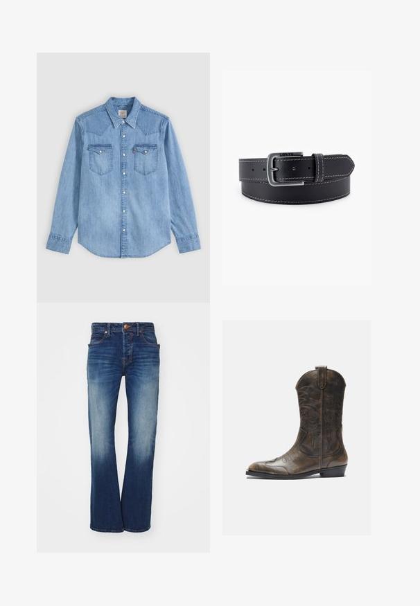 Chemise en denim bleu clair à manches longues, col pointu, deux poches poitrine avec rabats et boutons pression blancs à l'avant.; Jean en denim bleu avec une coupe évasée, cinq poches et une fermeture à bouton en laiton. Présente un léger délavage et des coutures contrastées.; Botte de cow-boy en cuir marron avec un long tige, un bout pointu, des motifs de couture complexes et un petit talon. Finition texturée tout au long.; Ceinture en cuir noir avec une boucle en métal argenté, surpiqûres blanches contrastantes et une surface lisse. Comprend plusieurs trous d'ajustement.