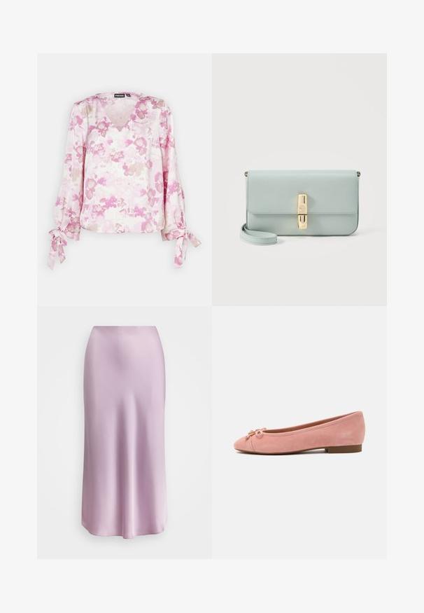 V-hals blouse i blødt stof med et pink blomsterprint. Lange ærmer med bundet manchetter og en afslappet pasform. Let og svævende tekstur.; Satin midi-nederdel i lyserød, med en glat tekstur, strømlinet silhuet og en udbredt kant. Ingen synlig hardware eller mønstre.; Blød lyserød ruskind balletflat med lille sløjfe og gyldent accent på afrundet tå, lav hæl og glat sål.; Lyseblå læder clutch med guldfarvet rektangulært spænde og aftagelig håndledsrem på hvid baggrund.