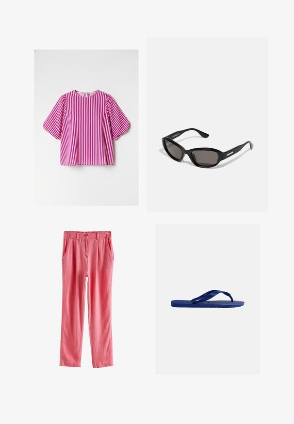 Kort shirt met roze en witte strepen, ronde hals en pofmouwen, met een sleutelgatopening aan de achterkant.; Roze linnen trousers met een relaxed fit, uitgerust met een voorste knoopsluiting, zijzakken en een recht model.; Blauwe rubberen teenslipper met gestructureerde zool en Y-vormige bandjes, afgebeeld tegen een effen witte achtergrond.; Zwarte zonnebril met een rechthoekig frame, donkere lenzen, gladde plastic materiaal en een metalen accent op de poot.
