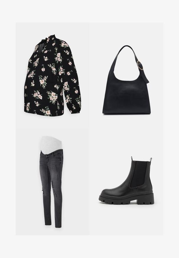 Vero Moda Maternity VMMEASY VOLUME - Blúzka - black; Tehotenské jeansy v tmavosivej džínsovine s pružným pásom, s vyblednutými detailami a priliehavým strihom.; Čierne kožené členkové topánky s elastickými bočnými panelmi, hrubými podrážkami, pútkami na ťahanie a hladkým povrchom. Dizajn s okrúhlym špičkou a odolnou konštrukciou.; Čierna kožená taška cez rameno s hladkou textúrou, okrúhlym telom a jedným ramenným popruhom zdobeným okrúhlou zlatou kovovou dekoráciou.