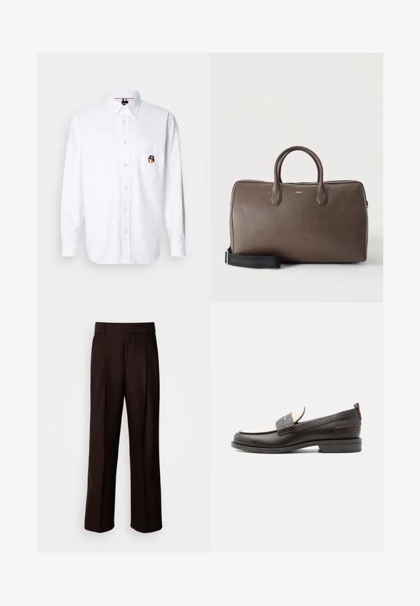 Chemise blanche à manches longues avec col boutonné, poche avant présentant un petit logo "B" brodé en marron et noir.; Pantalons marron ajustés avec une coupe droite, présentant un pli avant, une texture lisse et une taille classique. Adaptés pour les occasions formelles.; Mocassin homme en cuir marron foncé avec panneau en tissu écru et détail classique de bride cousue, semelle plate et languette au talon.; Sac de sport en cuir marron avec deux poignées, une bandoulière noire réglable et un petit logo "BOSS" au centre à l'avant.