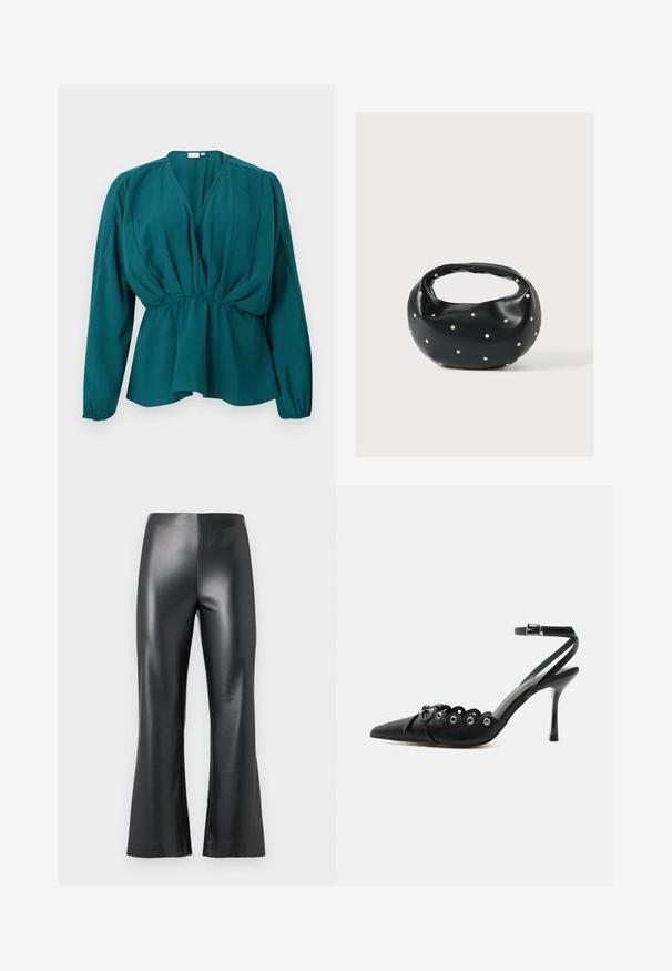 Blouse manches longues couleur sarcelle avec col en V, taille froncée, épaules bouffantes et poignets élastiques, présentée sur un fond blanc plat.; Pantalon en simili cuir noir avec une coupe évasée, présentant une texture lisse et brillante ainsi qu'une taille haute. Apparence simple et élégante.; Chaussure à talon haut noire à bout pointu, bords festonnés, œillets métalliques, lacets à l'avant et bride de cheville avec fermeture à boucle.; Sac à main en cuir noir de forme arrondie, décoré de clous argentés et équipé d'une poignée courte. Texture lisse et fermeture éclair.