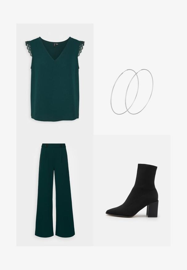 Vero Moda VMNANNA - Lihtne T-särk - pondarosa pine; Laiad püksid tumeteal värvi kangast, millel on kõrge vöökoht kahe nupuga kinnitus, teravad voltimised ja sile, struktureeritud tekstuur.; Mustad muste kõrge saapas, mis on valmistatud venivast kangast, terava nina ja ruudukujulise ploki kontsaga, pealmises osas sooniku äärisega.; Hõbedased rõngastikkaehingad minimalistlikus disainis. Ümar kuju, sile tekstuur ja õhuke profiil. Kerged ning poleeritud viimistlusega.