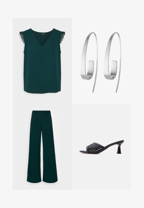 Vero Moda VMNANNA - T-shirts basic - pondarosa pine; Bredde bukser i mørk teal stof, med høj talje og dobbelte knaplukninger, skarpe folder og en glat, strømlinet tekstur.; Sort mule med åbne tæer, vævet læderoverdel og slank, mellemhøj hæl på en ensartet lys baggrund.; Sølv hoops øreringe med et slankt, forlænget design. Lavet af poleret metal med en glat overflade og minimalistisk stil.