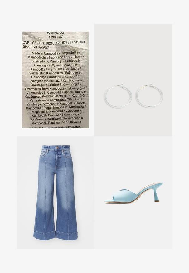 Étiquette comportant un texte multicolore sur un fond de tissu clair. Indique les détails de fabrication en plusieurs langues ; déclare principalement "Fabriqué au Cambodge."; Jean en denim taille haute, large aux jambes, de couleur bleu clair, avec un effet délavé, des poches avant et des détails cousus le long des jambes.; Mule bleu clair à bout ouvert avec des brides larges croisées et un talon mi-hauteur évasé, présenté de profil sur fond blanc.; Paire de boucles d'oreilles créoles argentées brillantes avec fermoirs en fil fin, présentée sur un fond gris clair.